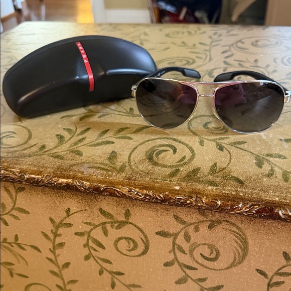 Prada Accessories - Prada Black and Silver Polarized Aviator Sunglasses